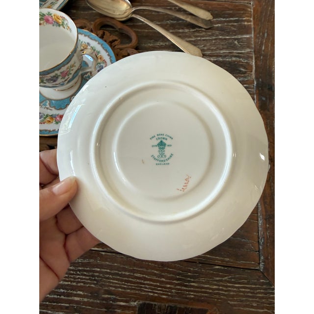 Vintage Crown Staffordshire Lyric Tunis Blue Fine Bone China Teacups & Saucers – 13 Pieces For Sale - Image 10 of 12