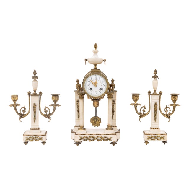 Louis XVI Style Marble and Bronze Clock and Candelabra Set, Late 19th Century For Sale