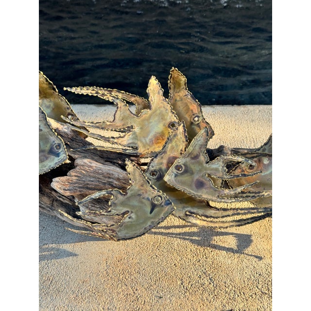 Mid-Century Curtis Jeré Style Brutalist Metal Fish Sculpture on Driftwood For Sale - Image 4 of 7