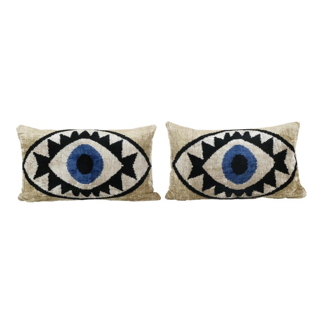 Vintage Silk Ikat Eye Velvet Pillow Cover - Set of 2 For Sale