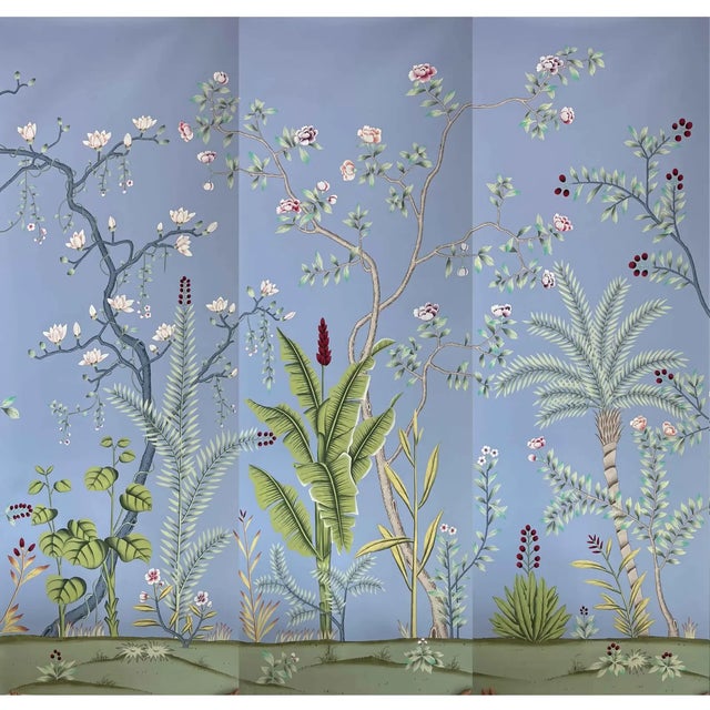 Hand-Painted Blue Botanical Garden Wallpaper Panels, Tropical Chinoiserie Wall Covering - 3 Panels For Sale