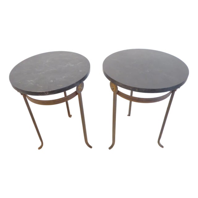 Vintage Bronze Tone & Marbleized Side Tables - A Pair For Sale