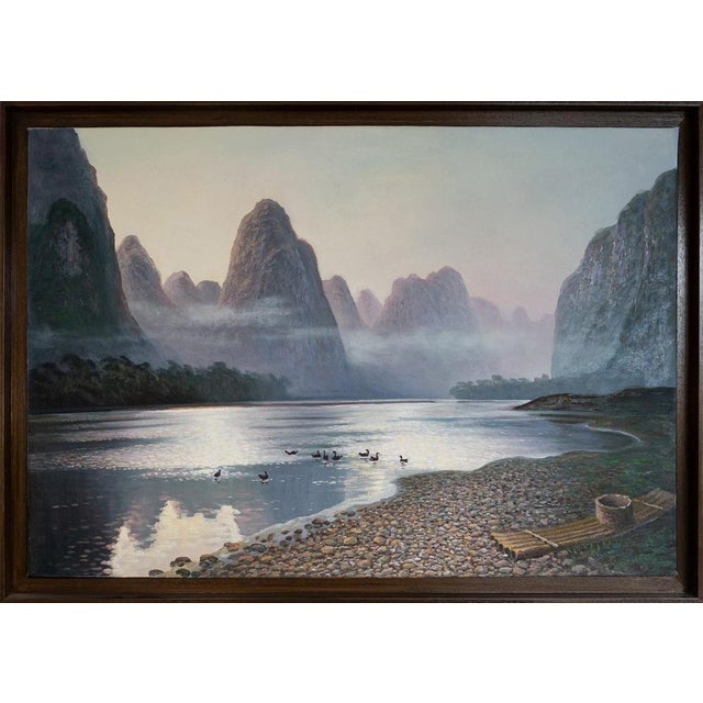 Tranquil Dawn on the Li River, Misty Karst Mountains, Oil on Canvas For Sale - Image 5 of 5