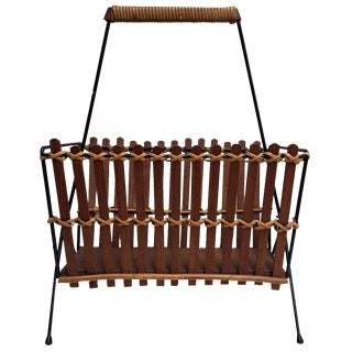 Vintage Magazine Rack with Black Iron Frame and Teak Struts, 1970s For Sale