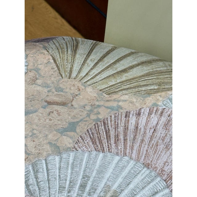 Textile Set of 6 Chairs Weiman Furniture Post Modern Ivory Lacquered Dining Chairs With Seashell Print Seats For Sale - Image 7 of 11