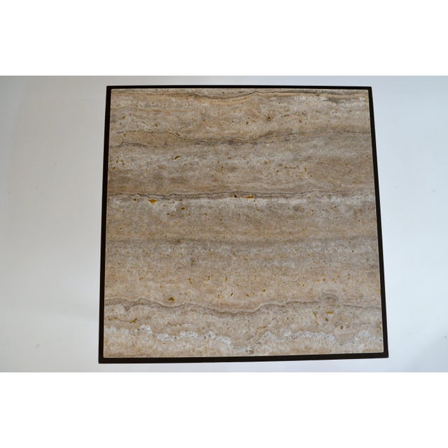 Metal Large 'Entretoise' Silver Travertine Side Tables by Design Frères - a Pair For Sale - Image 7 of 9
