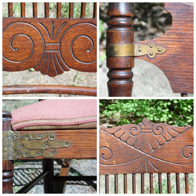 Antique Spoon Carved Solid Oak Spindle Back Rocker Needlepoint Rocking Chair For Sale - Image 4 of 12