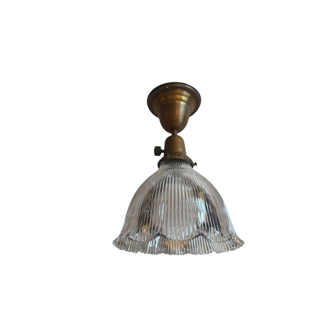 1920s Americana Fluted Halophane Shade Flushmount Light Fixture For Sale - Image 10 of 12