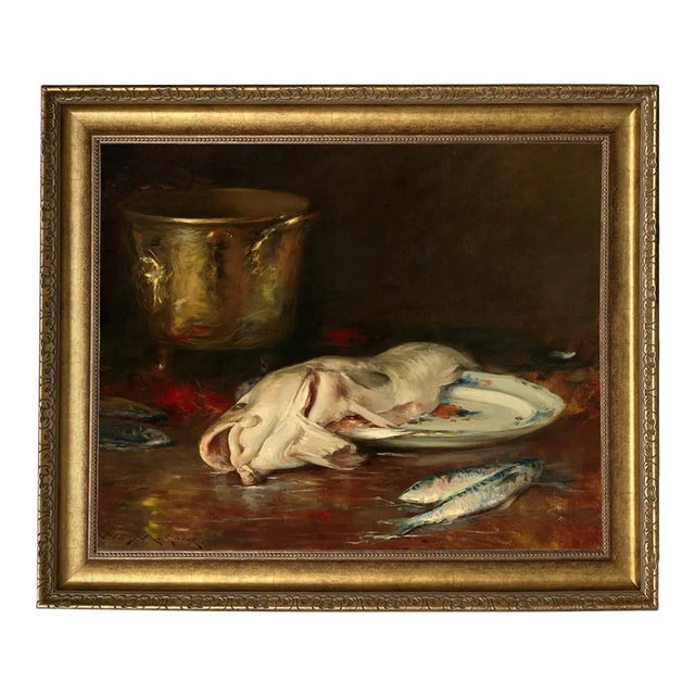 English Cod Still Life Print on Canvas in Wide Antiqued Gold Frame, 20x24" Print, 26x30" Framed For Sale