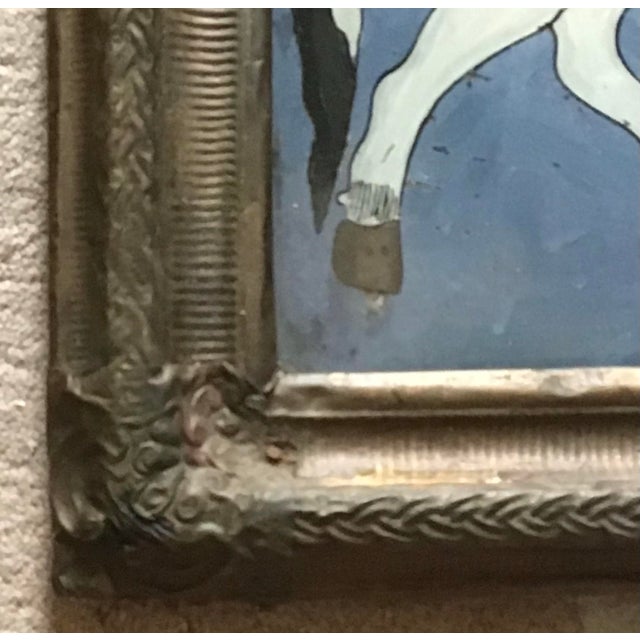 Sky Blue Antique Persian Qajar Dynasty Reverse Glass Painting – Equestrian Warrior in Ornate Gilt Frame For Sale - Image 8 of 12