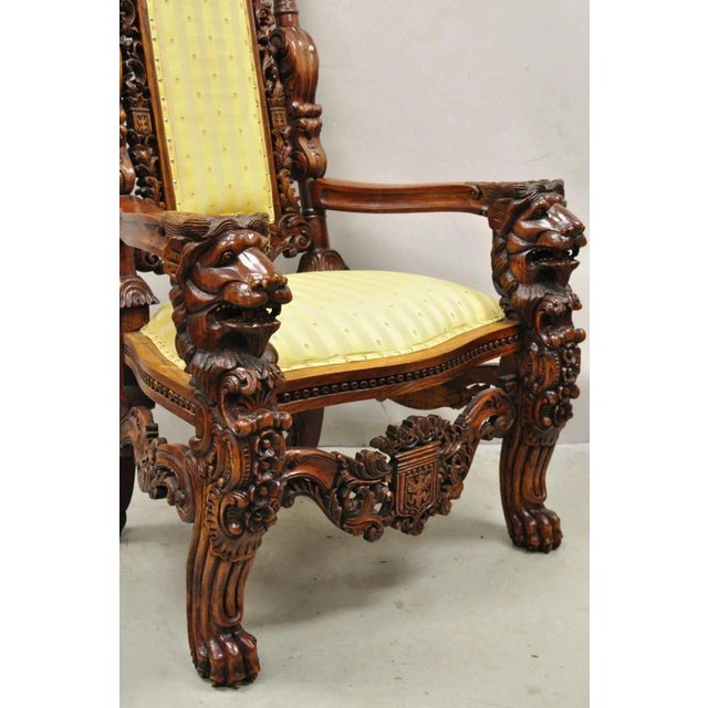 Wood Late 20th Century Renaissance Gothic Style Large Figural Lion Carved Wood Paw Feet Throne Chair For Sale - Image 7 of 12