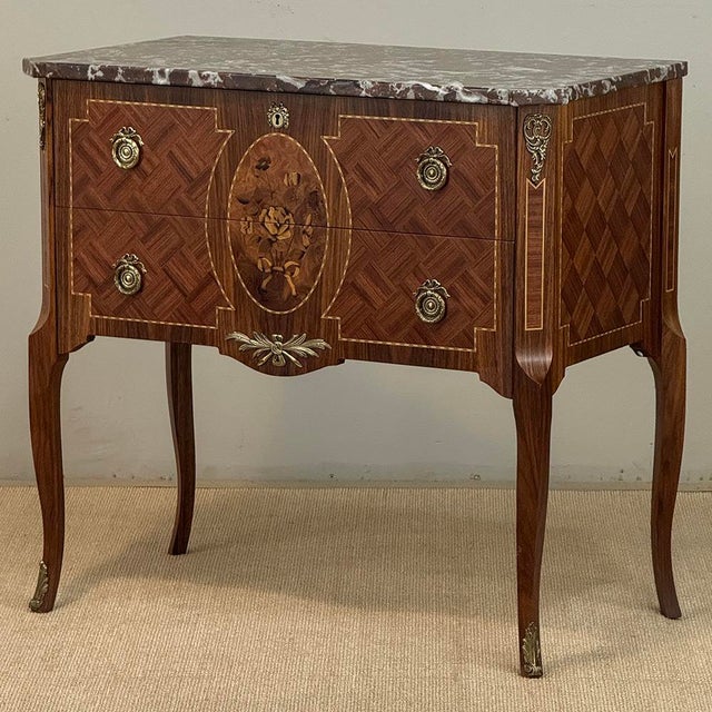 Antique French Louis XVI Style Marquetry Marble Top Commode For Sale - Image 4 of 18