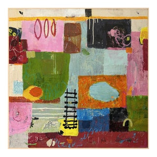 Christiane Corcelle "Ladders to Home" Mixed Media on Canvas, Colorful Geometric Abstract Painting in Pink, Green and Orange, 2025 For Sale