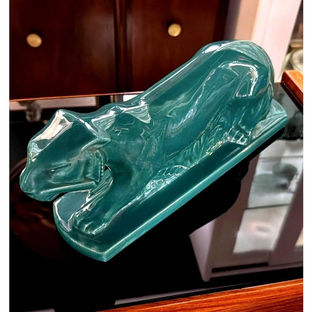 Mid 20th Century Art Deco Saint-Clément Style Panther France Green-Glazed Ceramic For Sale - Image 15 of 18