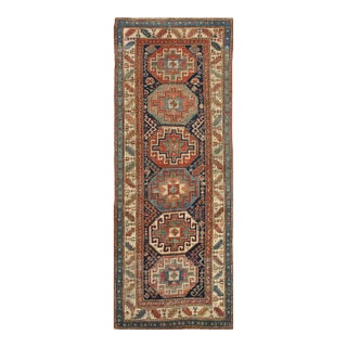1900s Blue Navy Medallion Antique Caucasian Moghan Rug 3'7" X 9'3" Handknotted Wool Carpet For Sale