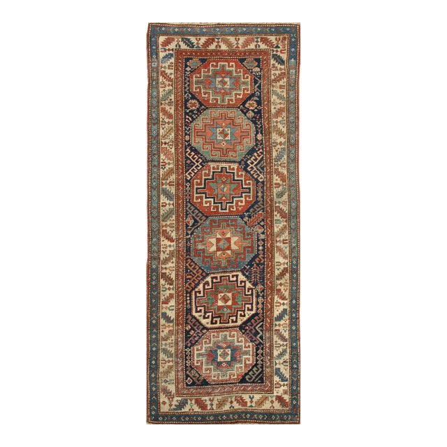 1900s Blue Navy Medallion Antique Caucasian Moghan Rug 3'7" X 9'3" Handknotted Wool Carpet For Sale