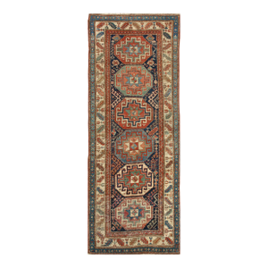 1900s Blue Navy Medallion Antique Caucasian Moghan Rug 3'7" X 9'3" Handknotted Wool Carpet