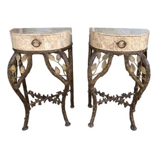 Late 20th Century Pair of Tessellated-Faux Marble One-Drawer Tables With Metal Tree Branch Bases For Sale