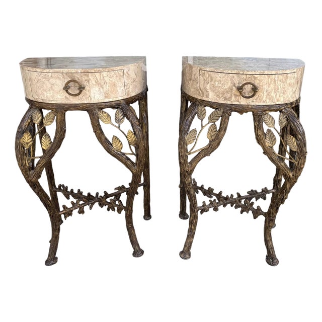 Late 20th Century Pair of Tessellated-Faux Marble One-Drawer Tables With Metal Tree Branch Bases For Sale