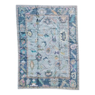 Contemporary Turkish Oushak Rug in Light and Dark Blue, 9'2" X 11'11" For Sale