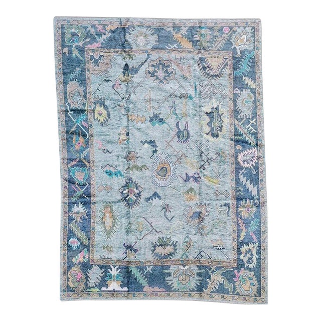 Contemporary Turkish Oushak Rug in Light and Dark Blue, 9'2" X 11'11" For Sale