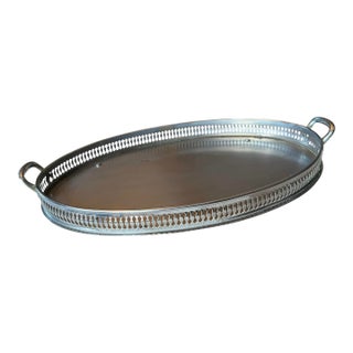 Vintage Silver-Tone Oval Pierced Gallery Tray With Handles and Feet For Sale