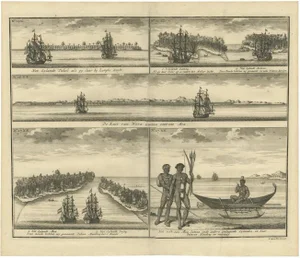 Valentijn, VOC Ships, Native People & Coastal Views of Islands Near Papua New Guinea, 1726, Print