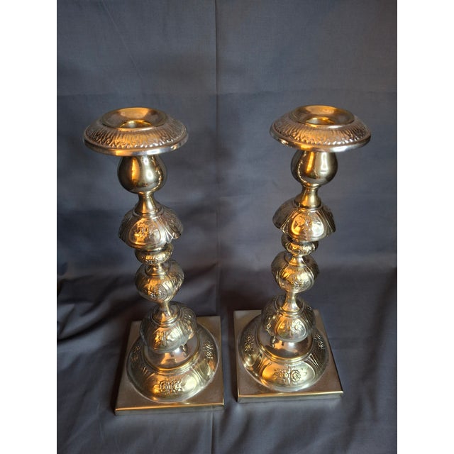 Antique Fraget Warsaw Shabbat Candlesticks Pair No. 4214 Polish Silver Plate 11" For Sale - Image 4 of 18
