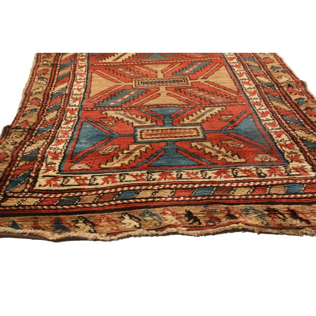 Antique Bakhshaish Red and Blue Geometric Wool Persian Runner With Bronze For Sale - Image 4 of 7