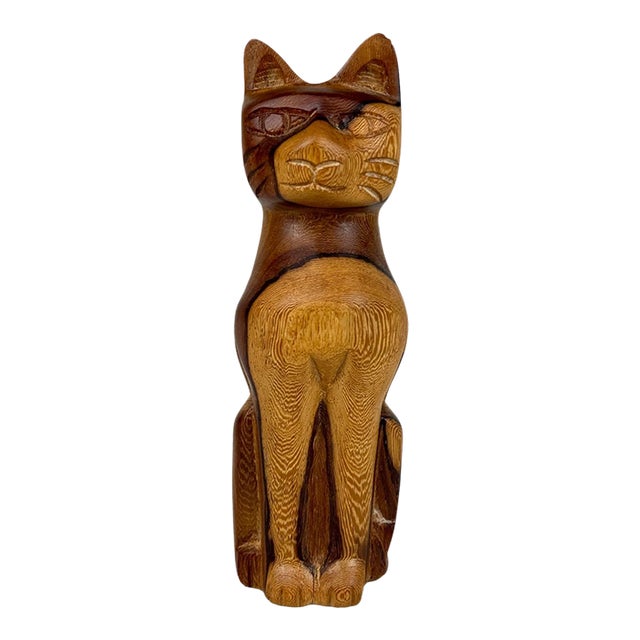 Mid-Century 8" Teak Carved Cat Sculpture For Sale