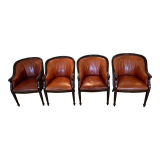 Guy Chaddock Caramel Leather & Walnut Barrel Shaped Club Chairs -Set of 4 For Sale