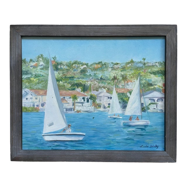 1980s Sailing Along Nautical Seascape Signed and Titled by Leslie Schultz For Sale