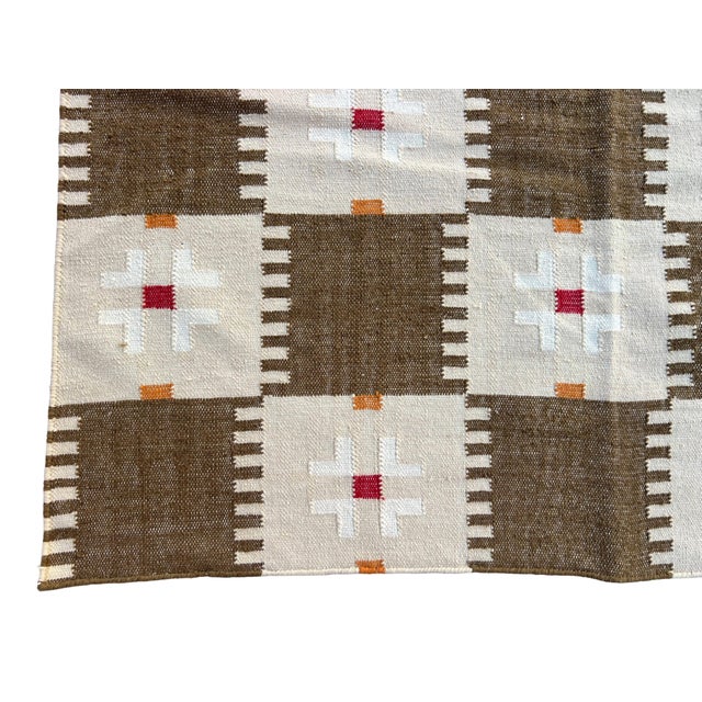 Handmade New Zealand Wool Dhurrie, Brown and Cream Geometric Rug- 6'x9' For Sale - Image 15 of 16
