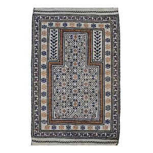 Early 20th Century Baluch Tribal Area Rug in a Prayer Pattern in Ivory, Brown, Navy Blue