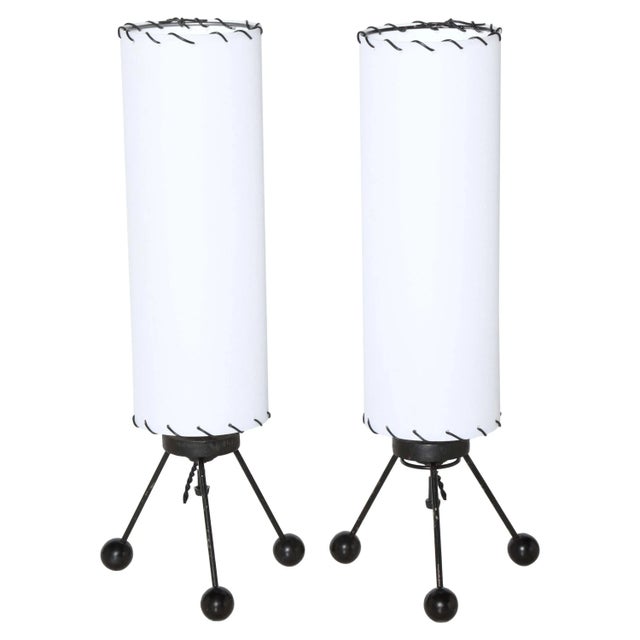 Small Verplex Co. Black Tripod Table Lamps with White Linen Shades, 1950 - A Pair For Sale - Image 9 of 9