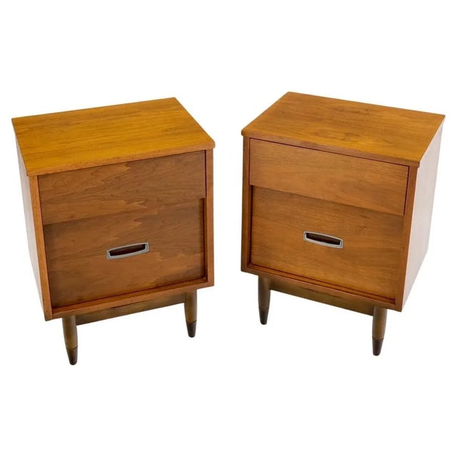 Pair Light American Walnut Two Drawers End Tables Nightstands Cabinets Dowel Leg For Sale - Image 13 of 13