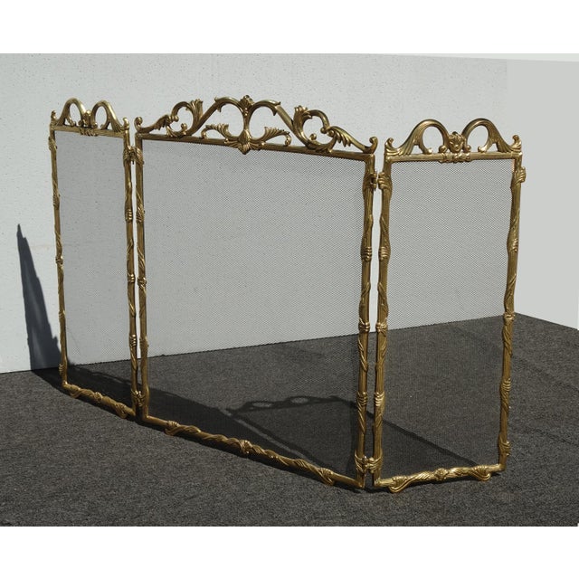 French Country Vintage French Country Brass W Mesh Three Panel Fireplace Screen For Sale - Image 3 of 15