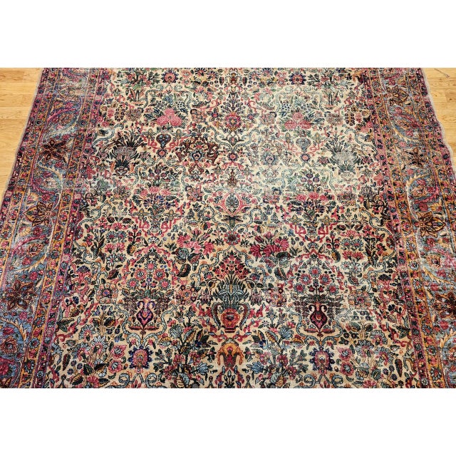 Vintage Oversized Persian Kerman Lavar Rug, Hand-Knotted Wool, Allover Floral Vase Pattern, Ivory & Turquoise, 9’ X 14’ For Sale - Image 12 of 18