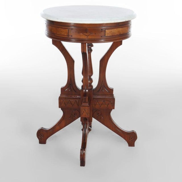 Wood Antique Eastlake Walnut & Burl Marble Top Side Stand C1890 For Sale - Image 7 of 8