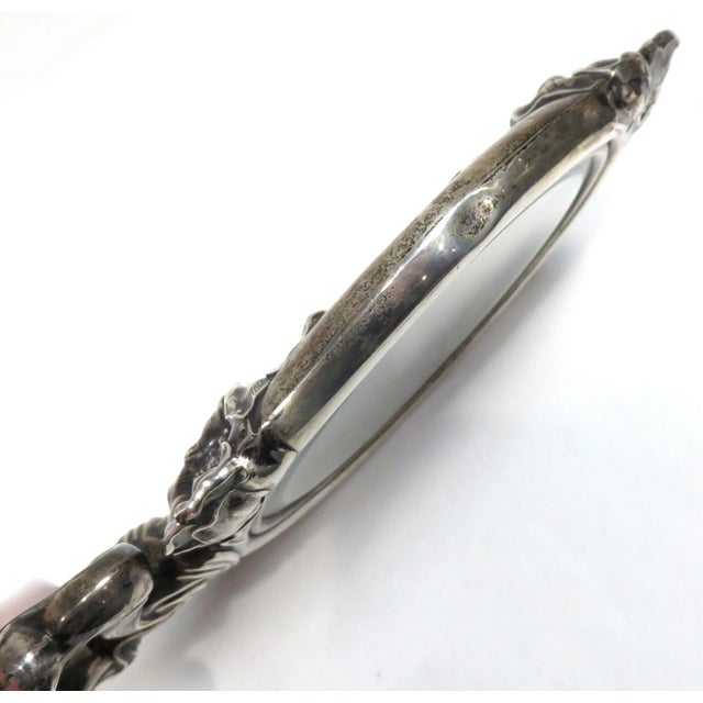 Fancy Antique Art Nouveau Sterling Silver Vanity Hand Mirror For Sale - Image 9 of 13