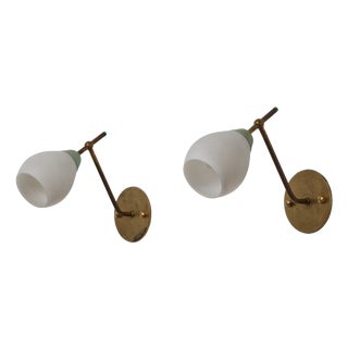 Vintage Italian Green Lacquered Metal and Opaline Glass Sconces, 1950s, Set of 2 For Sale