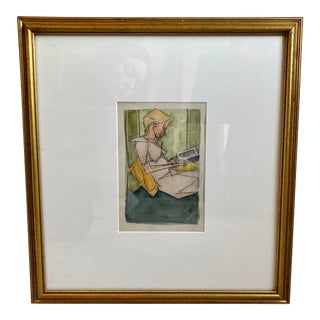 1940s Figurative Mixed-Media Drawing, Framed For Sale