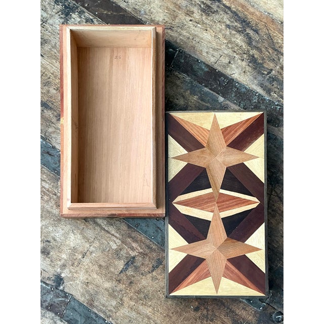 Vintage Marquetry Wooden Tan Star Box For Sale - Image 9 of 12