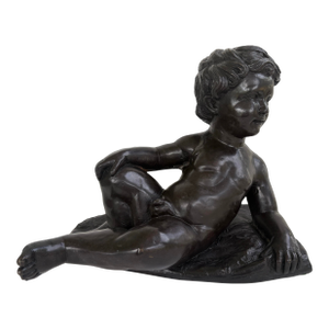 Vintage Bronze Finish Reclining Cherub Sculpture on Textured Base