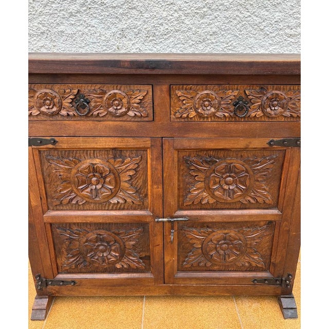 Spanish Rustic Castilian Carved Wood Cabinet, 1930s For Sale - Image 12 of 18