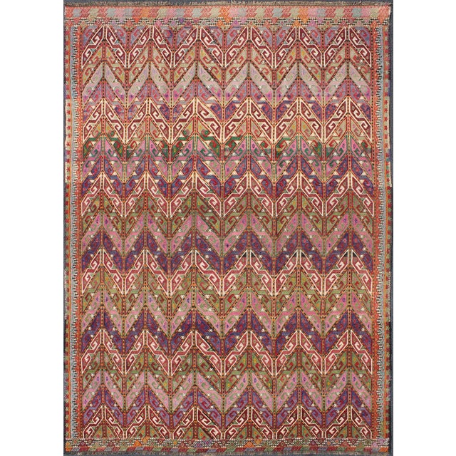 Mid 20th Century Colorful Vintage Turkish Embroidered Flat-Weave With All-Over Tribal Design For Sale - Image 13 of 13
