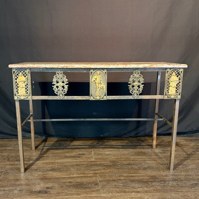 Exceptional French marble top console table made from an authentic 19th-century French wrought iron balcony, this...