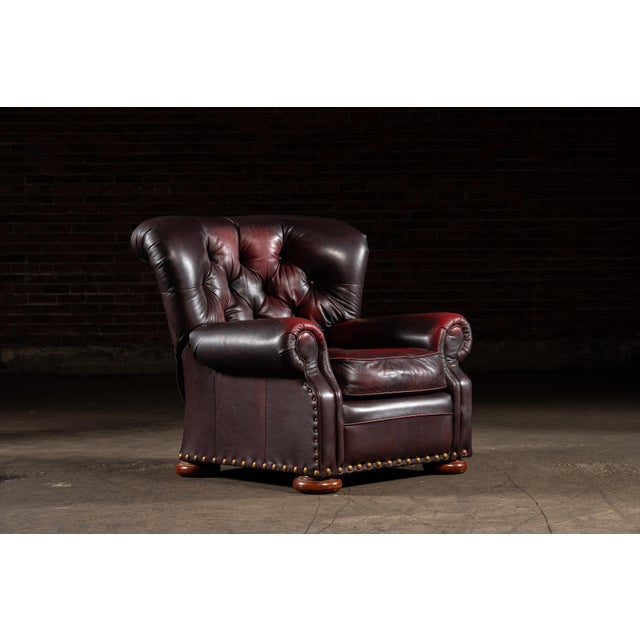Tufted Churchill Style Recliner With Ottoman in Oxblood For Sale - Image 4 of 15