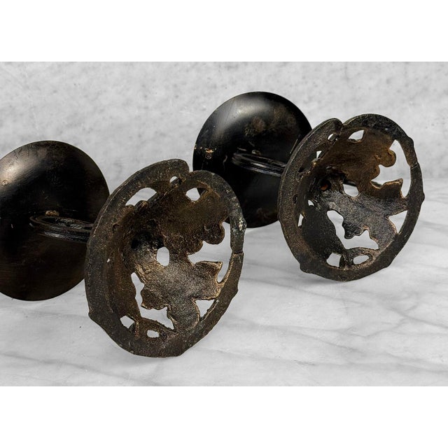 Vintage Gothic Revival Wrought Iron & Blown Amber Glass Candle Holders - A Pair For Sale - Image 9 of 9