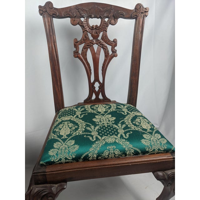 Pair of Antique Carved Wood Chippendale Style Side Chairs With Green Brocade Seats For Sale - Image 13 of 18